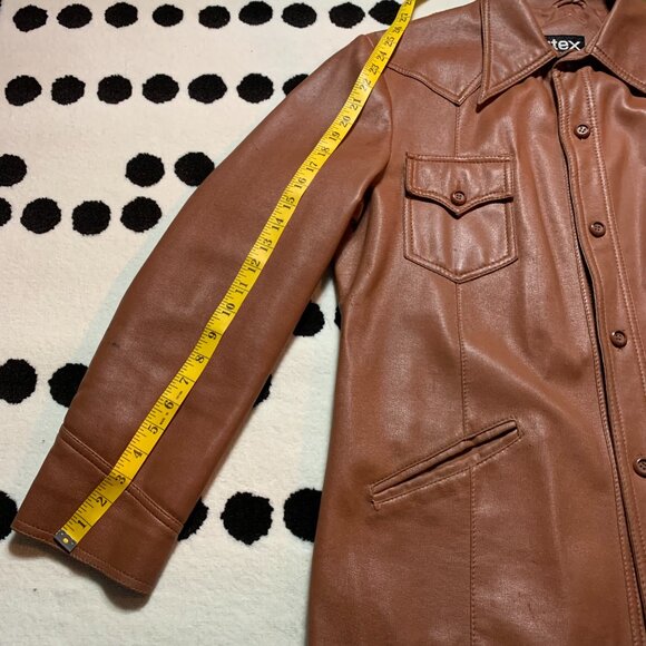 Vintage 70s Camel Faux Leather Shirt Jacket Retro Disco Collar Coat Shacket - Picture 13 of 13
